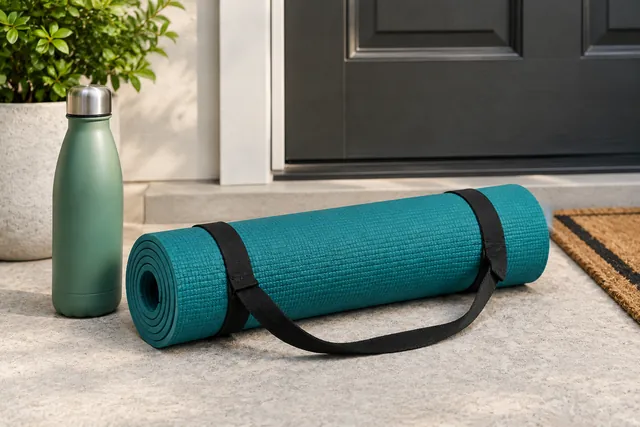Rolled teal yoga mat with a carrying strap on a doorstep beside a green water bottle