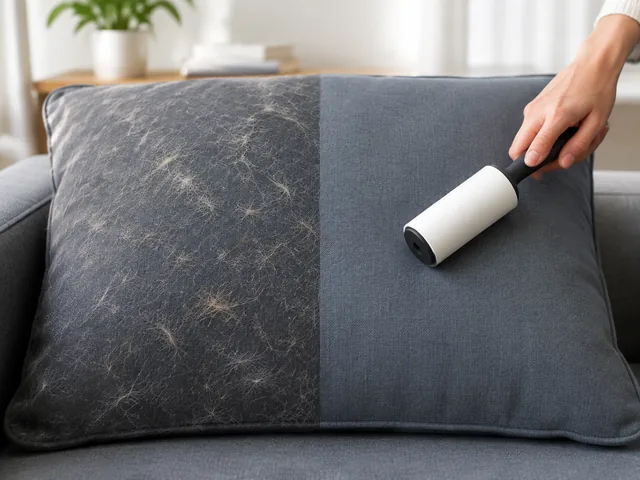 Sofa cushion covered in pet hair on one side, the same cushion clean after a lint roller on the other.