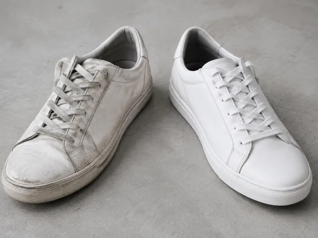 Scuffed white sneaker on the left, the same sneaker cleaned on the right, plain floor.