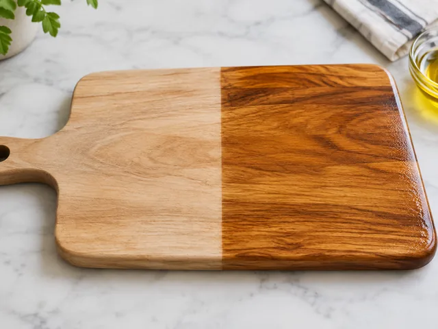 Wooden cutting board, left half dry and pale, right half freshly oiled and rich.