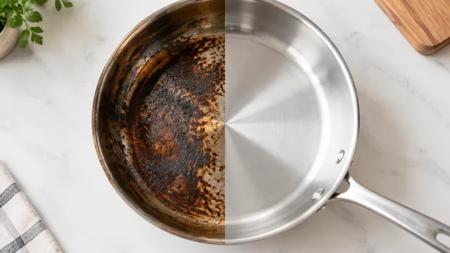 Stainless steel pan split down the middle: one half scorched, the other half polished.
