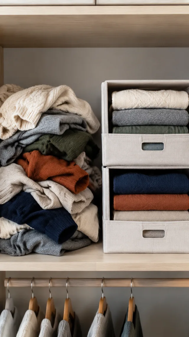 Closet shelf with messy sweaters on one side and neatly folded sweaters in fabric bins on the other.