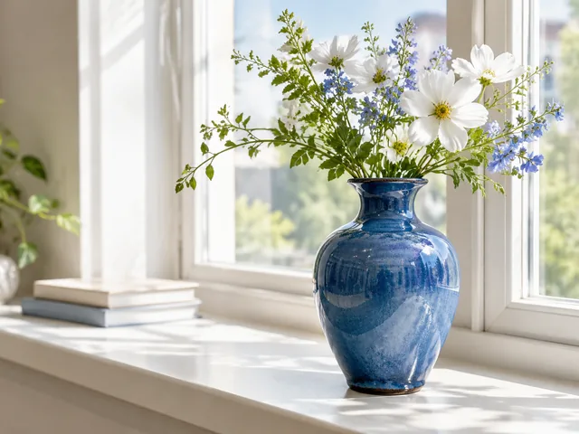 Blue ceramic vase on a sunny windowsill.