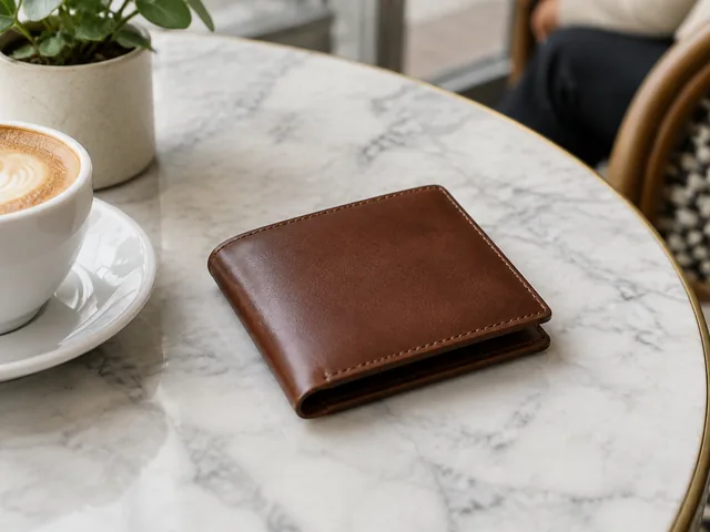 Brown leather wallet on a marble cafe table.