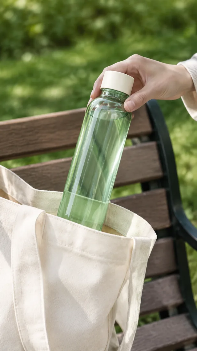 Green glass water bottle pulled from a tote bag on a park bench.