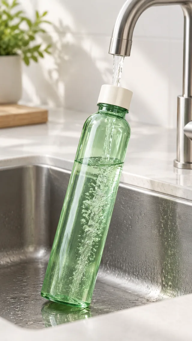Green glass bottle filled at a kitchen tap in a vertical frame.