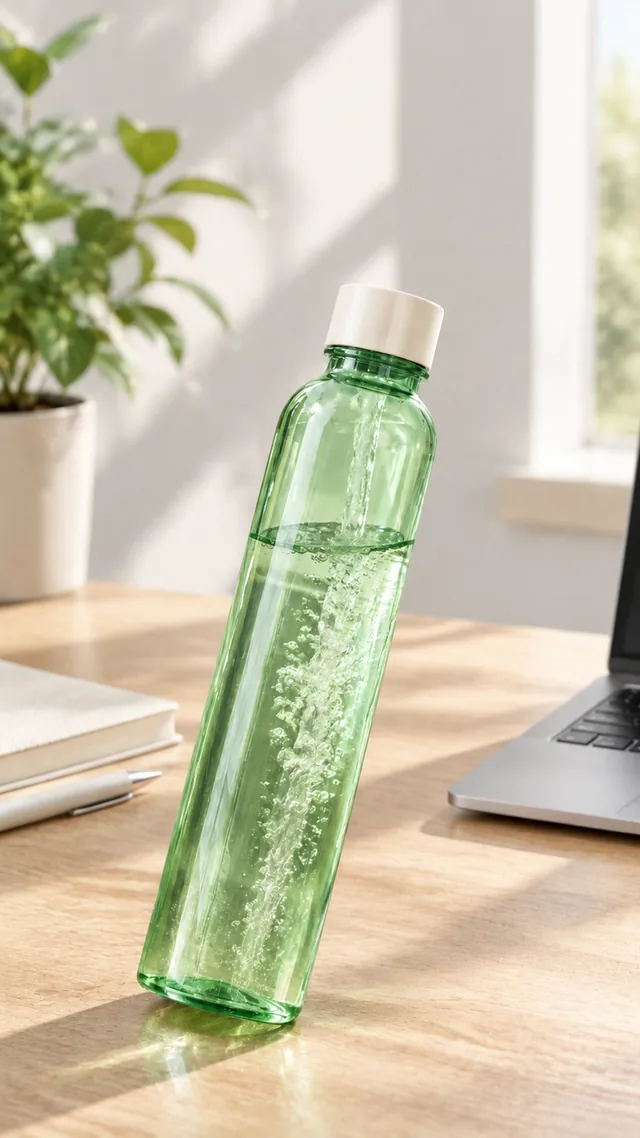 The same green glass water bottle on a desk in afternoon light.
