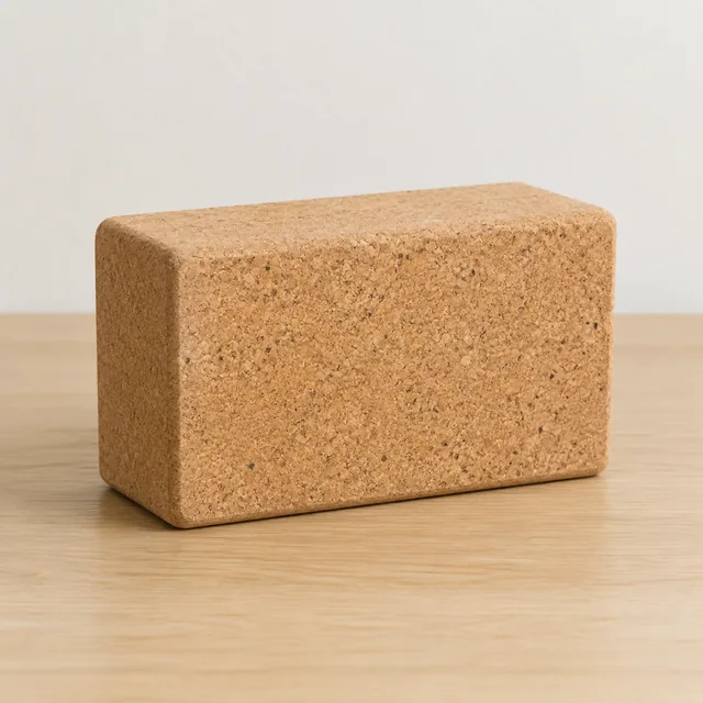 Cork yoga block on a plain table.