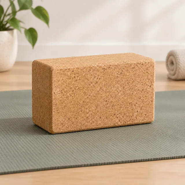 The same cork yoga block in use on a yoga mat.