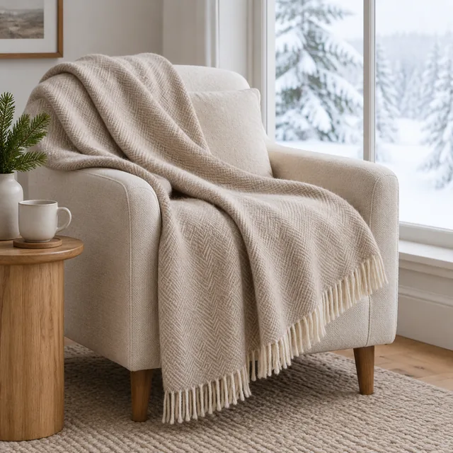 Wool throw on an armchair by a snowy window.
