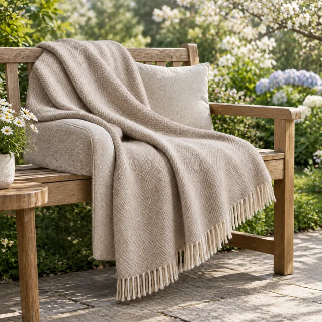 The same wool throw on a garden bench in spring.