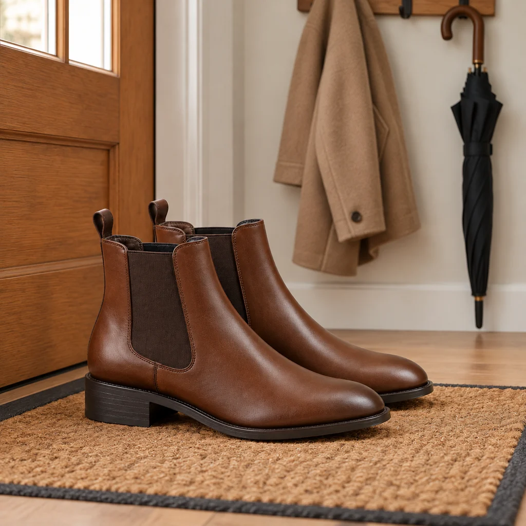 Pair of brown leather Chelsea boots beside a wooden front door under a coat and umbrella.