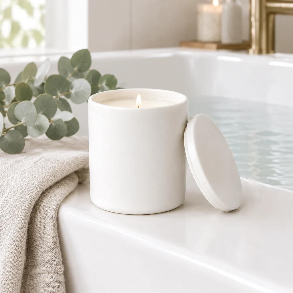 White ceramic candle jar and matching lid on a bathtub edge beside a folded linen towel.