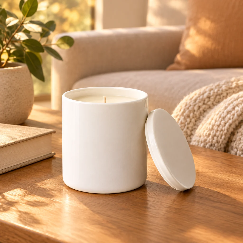 Plain white ceramic candle jar with its matching lid on a living room coffee table beside a book and knit throw.