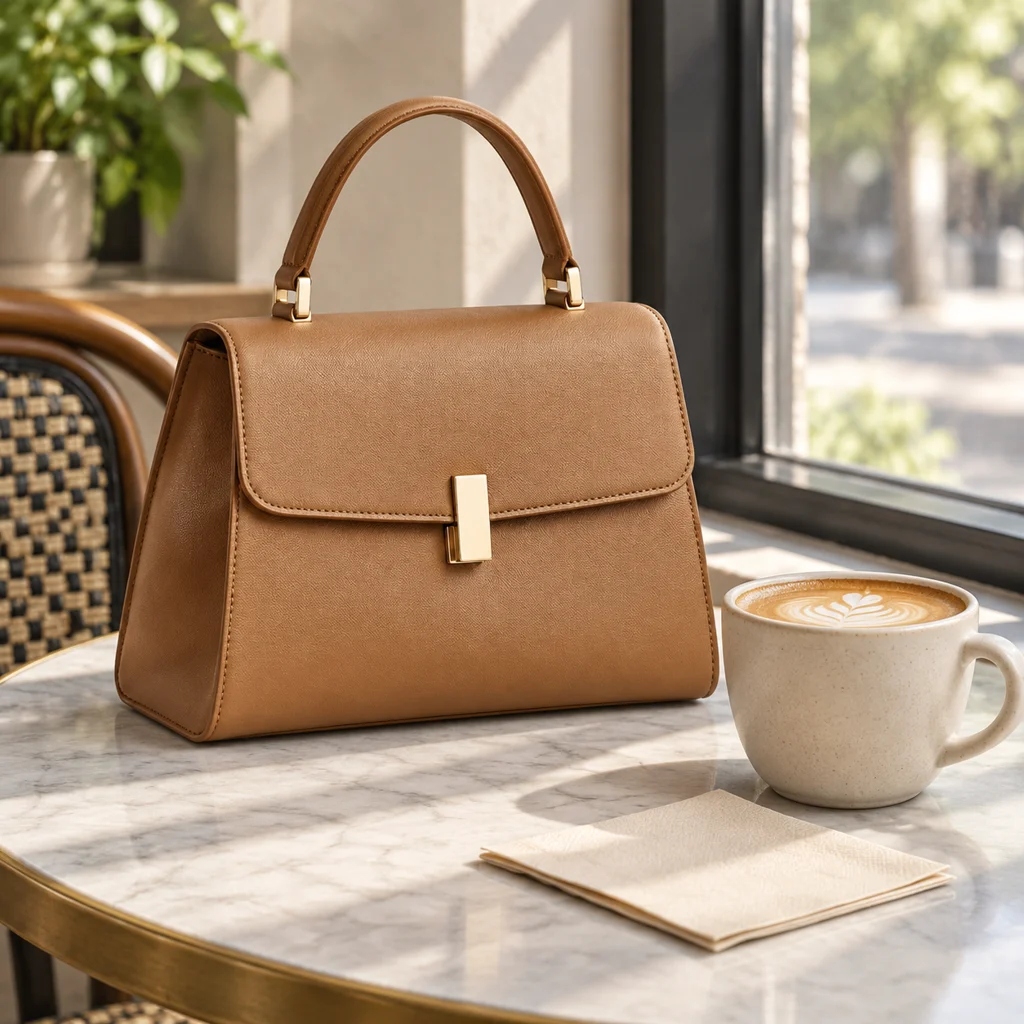 Tan leather handbag with a small gold clasp on a cafe table beside a ceramic latte.
