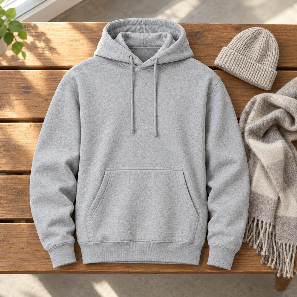 Plain heather-gray pullover hoodie arranged on a wooden bench with a knit beanie and scarf.