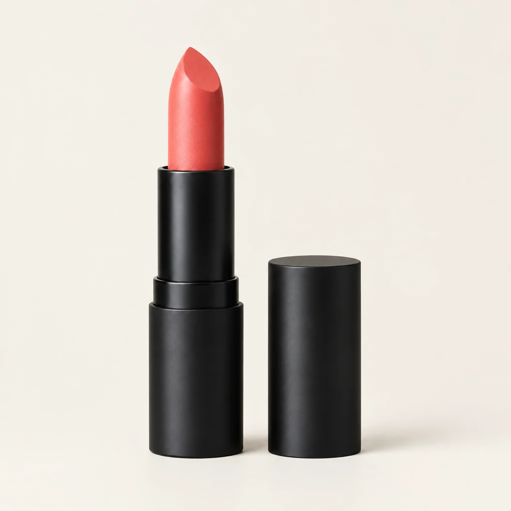 Single coral lipstick in a matte black tube standing on a warm off-white studio surface.