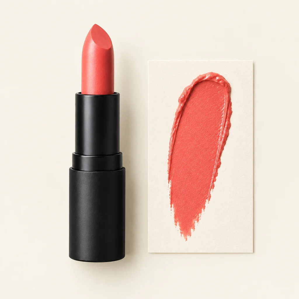 Coral lipstick beside a matching color swatch on a pale cream card.