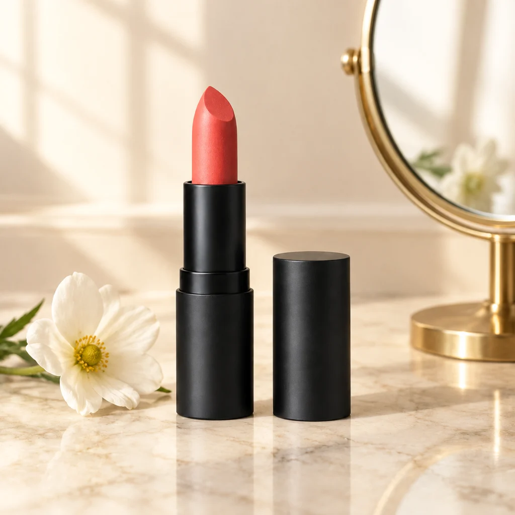 Coral lipstick in a matte black tube beside a round vanity mirror and white flower.