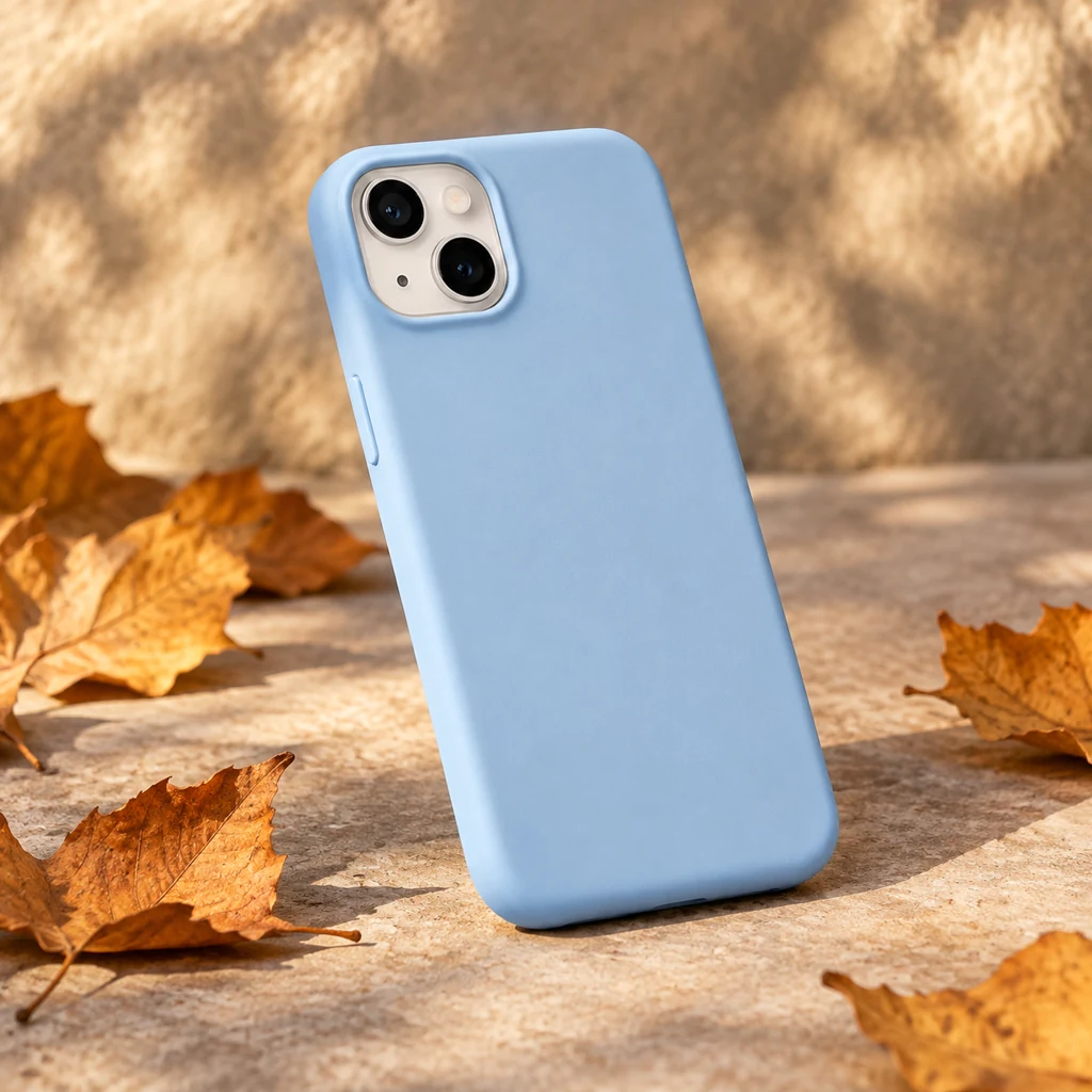 The same pale blue phone case among dry autumn leaves on a stone surface.
