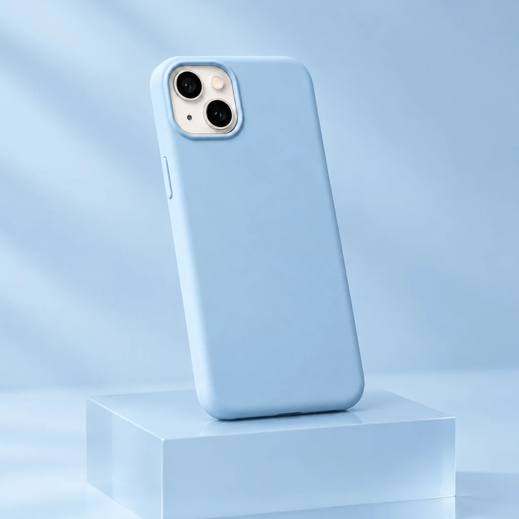 Pale blue phone case on a simple acrylic display block, with its camera opening in focus.