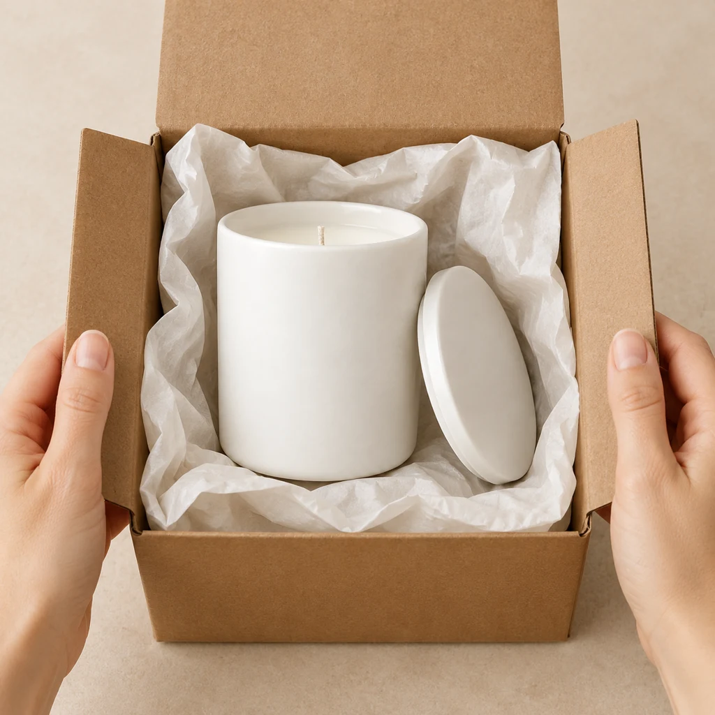 White ceramic candle jar revealed inside an open kraft carton with pale tissue.