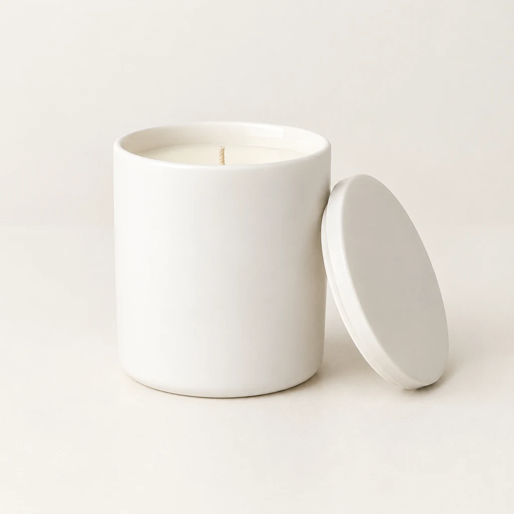 Plain white ceramic candle jar with its matching lid on a neutral surface.