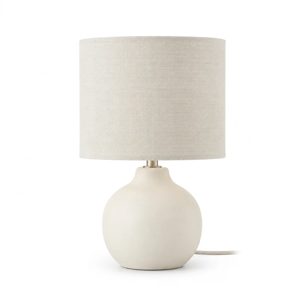 Matte ivory ceramic table lamp with a linen shade on a pure white background.