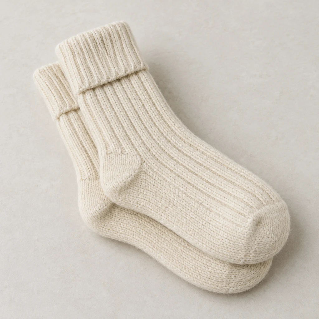 Folded cream merino wool socks with visible ribbed knit texture.