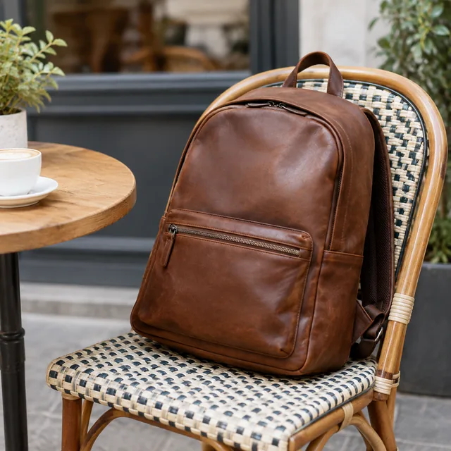 Leather backpack resting on a cafe chair.