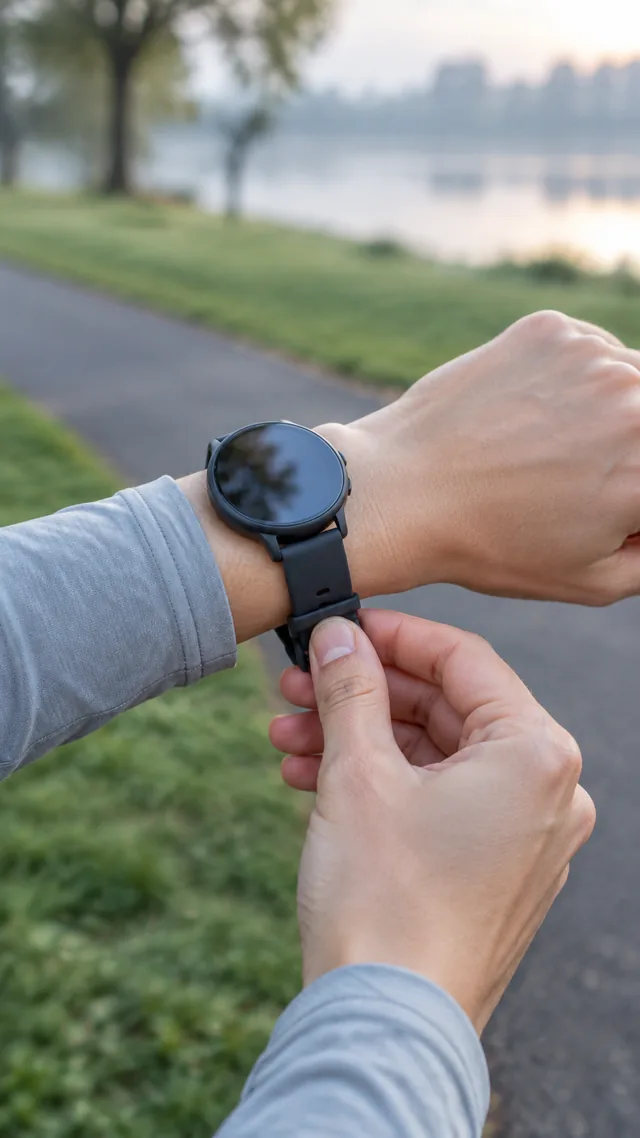 Smartwatch strapped on before a run.