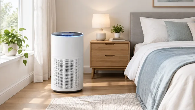 Air purifier switched on in a bright bedroom.