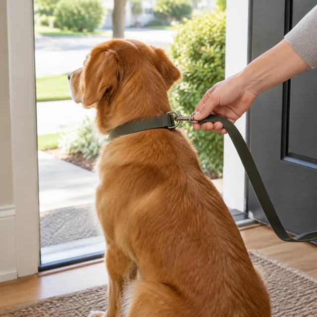 Dog leash clipped on at the front door.