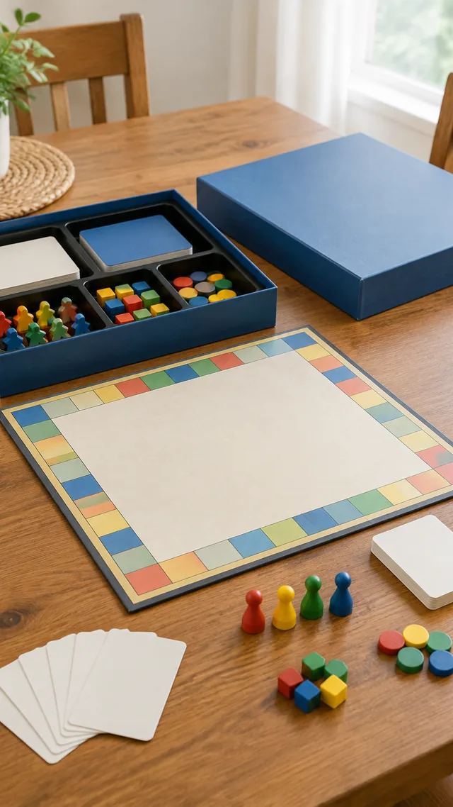 Board game box opened on a family table.