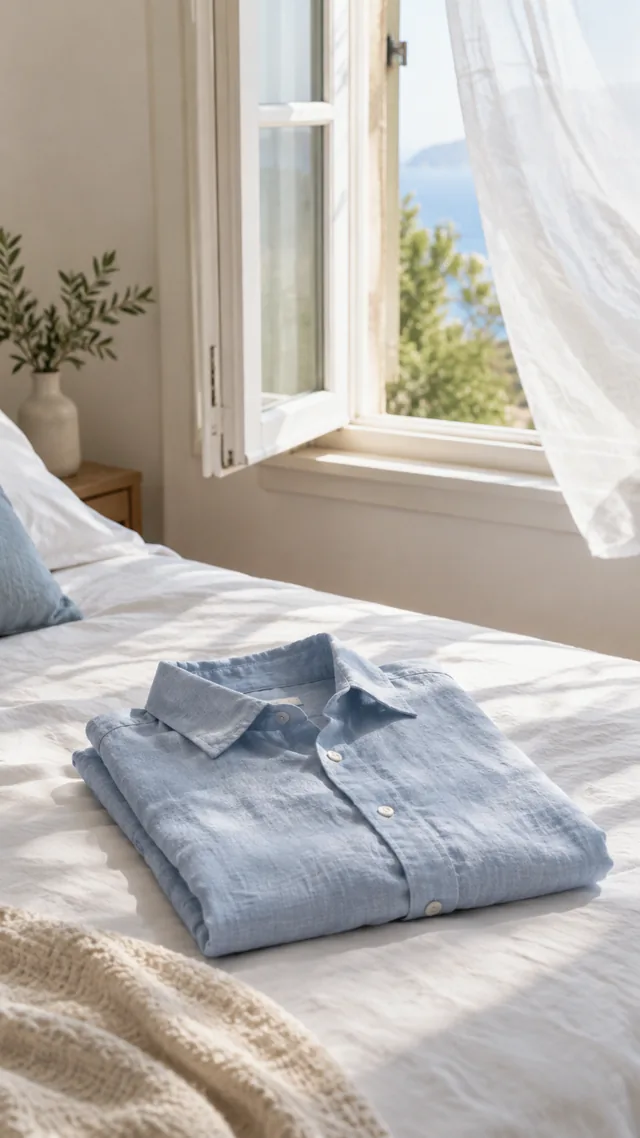 Folded linen shirt on a bed beside an open window with a light breeze.