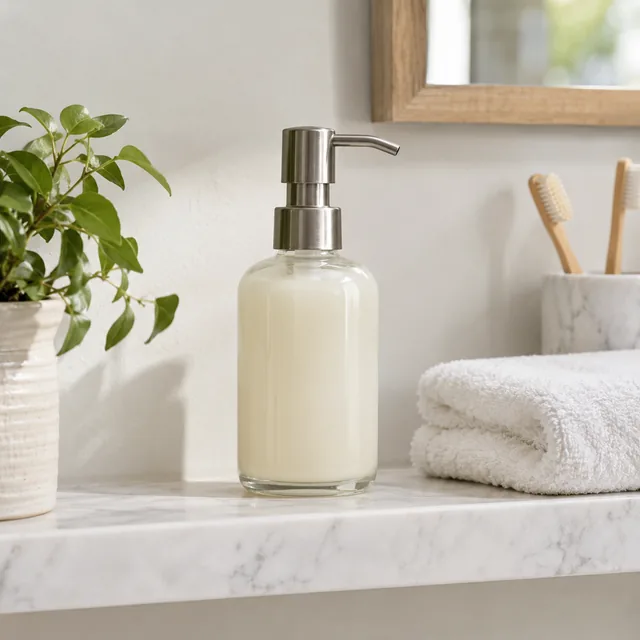 Hand soap bottle on a bathroom shelf in a square frame.