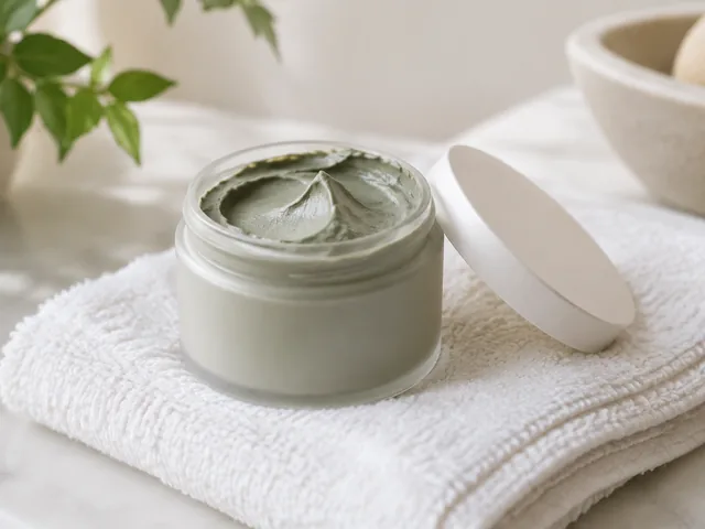 Pale green clay mask sits open on folded white towels with its lid beside the jar.