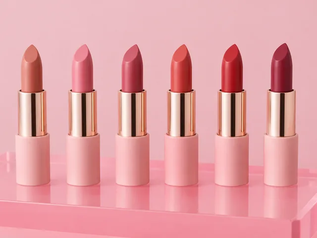 Lipstick bullets in a row on pink acrylic.