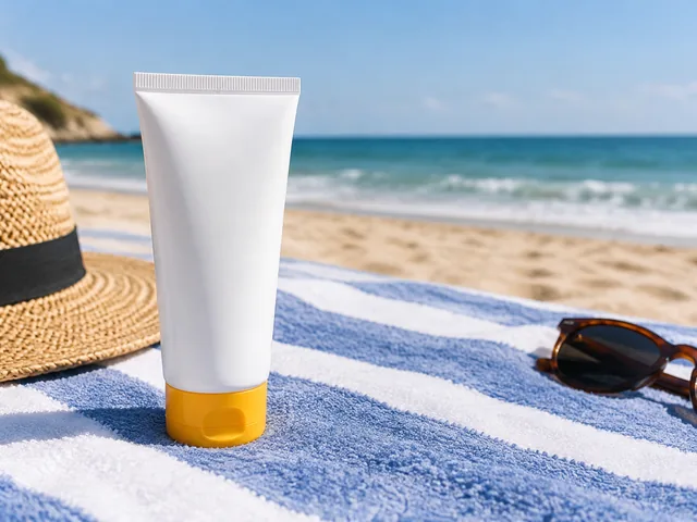 Sunscreen tube on a striped beach towel.