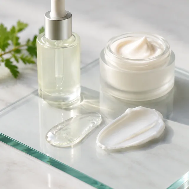 Serum and cream textures swatched on glass.