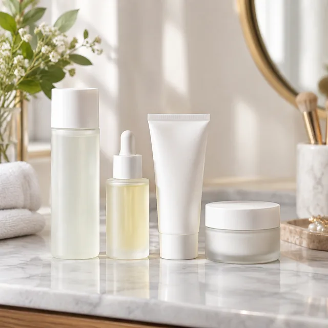 Skincare set lined up on a vanity.