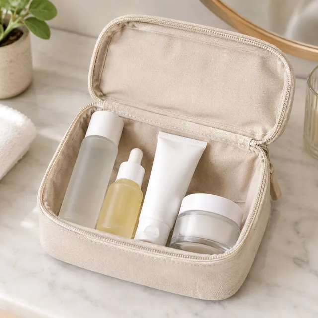 The same skincare set packed into a travel pouch.