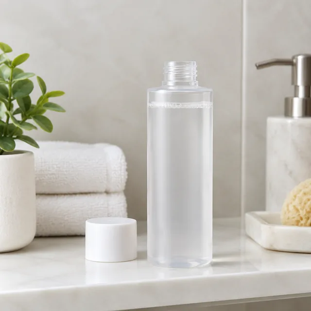 Toner bottle with its cap off on a bathroom shelf.