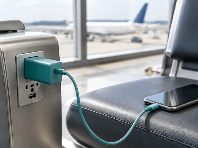 Teal travel charger plugged in at an airport gate seat.