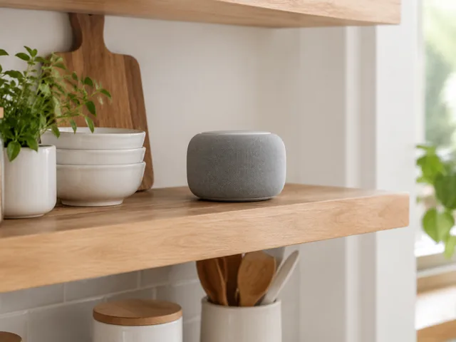 Fabric smart speaker on a kitchen shelf.