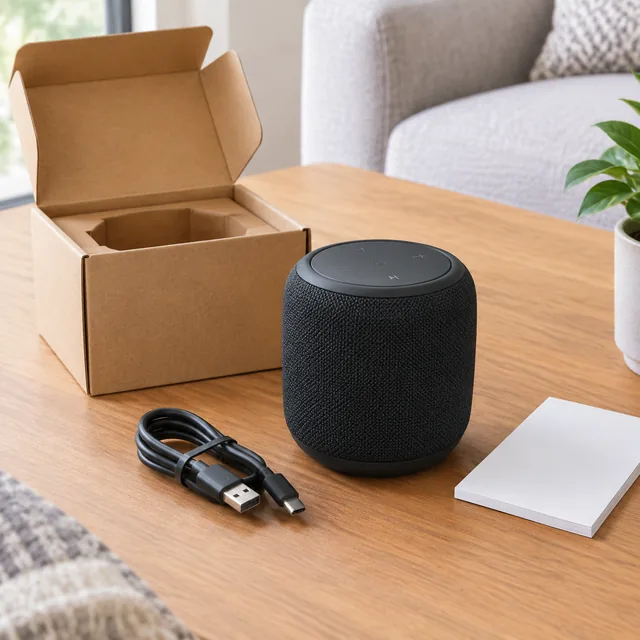 Open kraft box sits behind a charcoal speaker, with its white cable arranged on the wooden table.