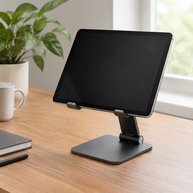 Tablet stand holding a tablet with a dark screen on a desk.