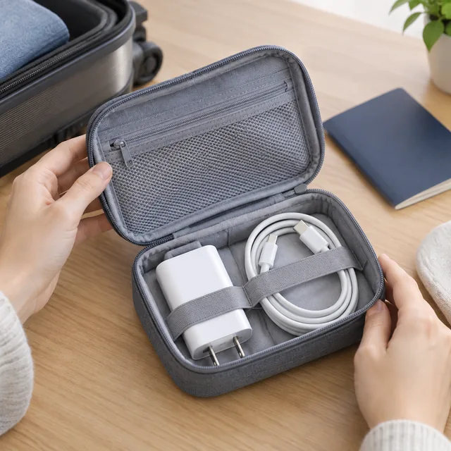 Charger and cable packed in a travel pouch.