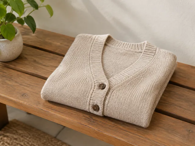 Cream cardigan buttons face up on a weathered wooden bench beside a leafy plant.