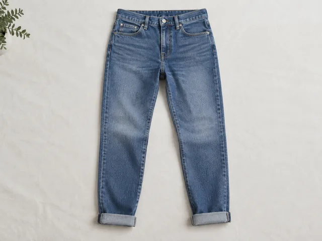 Denim jeans laid flat with rolled cuffs.